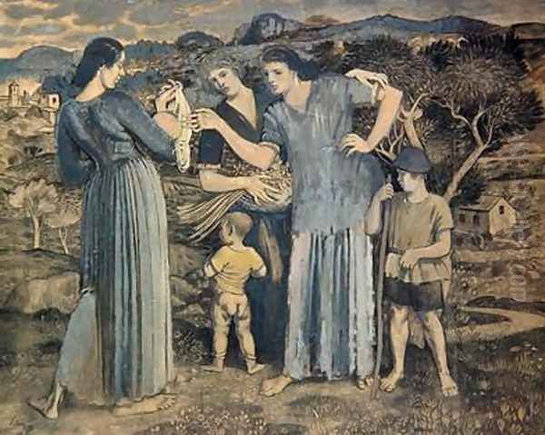 Mothers and Children in Landscape Oil Painting by Derwent Lees