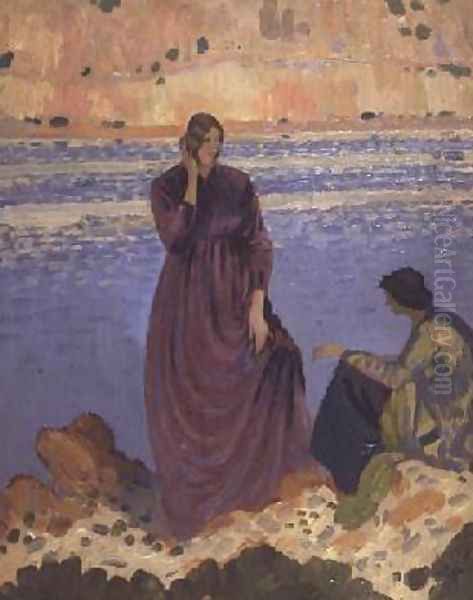 Two Girls by the Shore Oil Painting by Derwent Lees