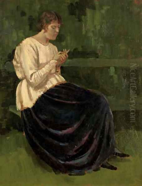 Lyndra in a white smock Oil Painting by Derwent Lees