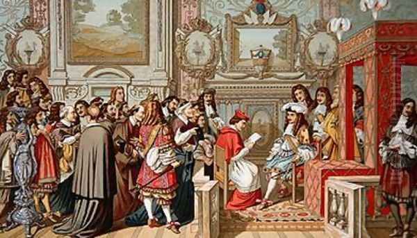 Louis XIV 1638-1715 receiving the Papal Legate at Fontainebleau Oil Painting by Charles Le Brun