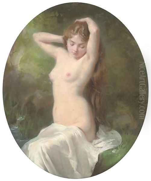 Female nude by the bathing pool Oil Painting by Cecille Berthe Lafosse