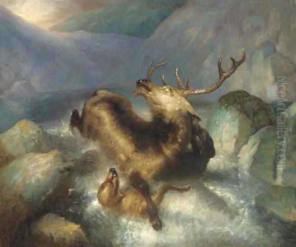 Deer and deerhounds in a mountain torrent Oil Painting by Landseer, Sir Edwin