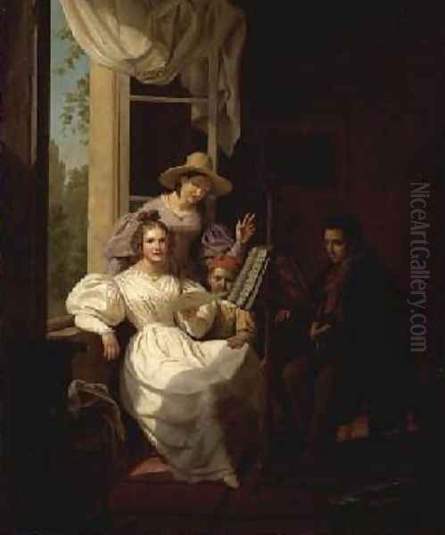 A Musical Party in an Interior Oil Painting by Basile De Loose