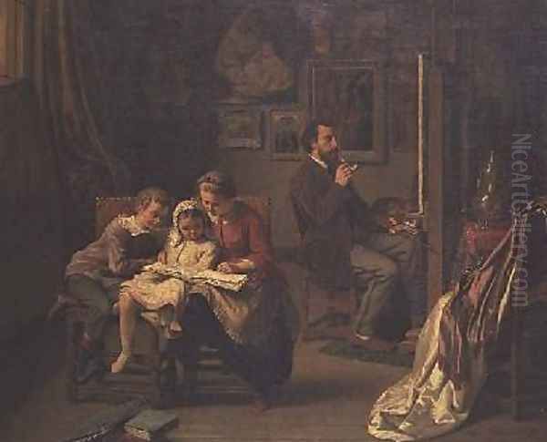 The artist with his children in his studio Oil Painting by Basile De Loose