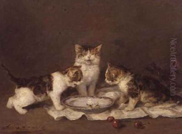 Three cats red cherries and bees Oil Painting by Louis Eugene Lambert