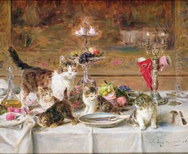 Kittens at a banquet Oil Painting by Louis Eugene Lambert