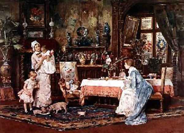 Mother and child in an elegant interior Oil Painting by Tito-Giovanni Lessi