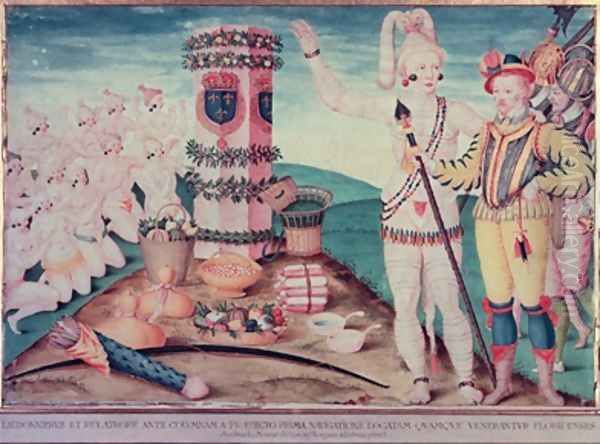 Rene Goulaine de Laudonniere 1529-82 and Chief Athore in front of Ribaults Column Oil Painting by Jacques (de Morgues) Le Moyne