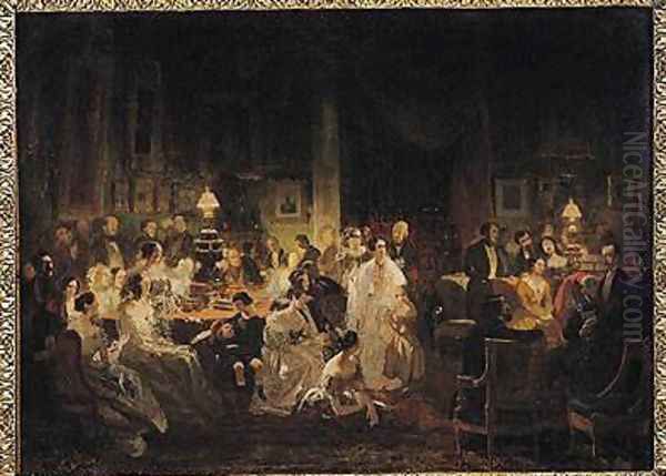 Emile Jean Horace Vernet 1789-1863 Discussing the Invention of the Daguerreotype in Monsieur Irissons Salon Oil Painting by Prosper Lafaye or Lafait