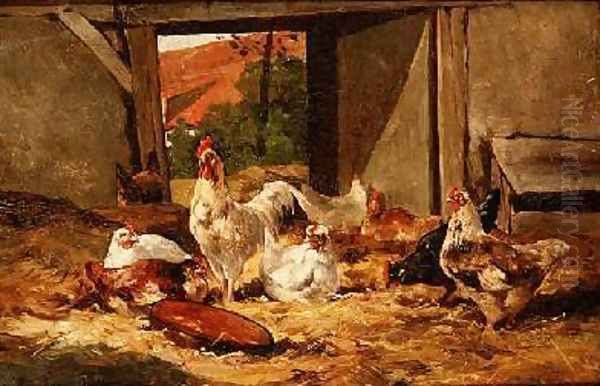 Chickens in a Barn 2 Oil Painting by Cornelius van Leeputten