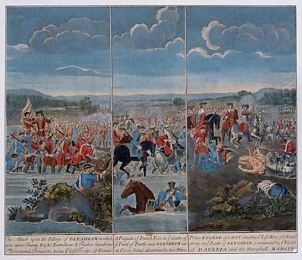 Three panels depicting the Battle of Blenheim Oil Painting by Louis Laguerre