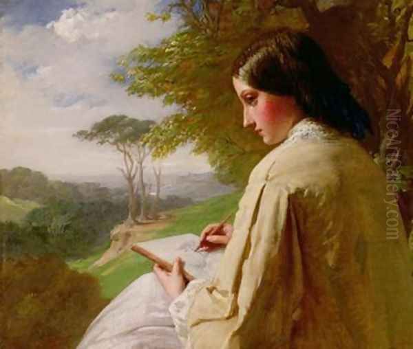 Young Lady sketching in a landscape Oil Painting by Henry Le Jeune