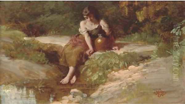 Resting at the stream Oil Painting by Henry Le Jeune