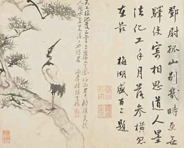 Landscapes Flowers and Birds Crane on pine Qing Dynasty 1780 Oil Painting by Ping Luo