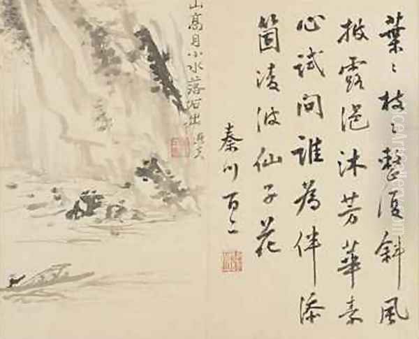 Landscapes Flowers and Birds Man in a boat passing a cliff Qing Dynasty 1780 Oil Painting by Ping Luo