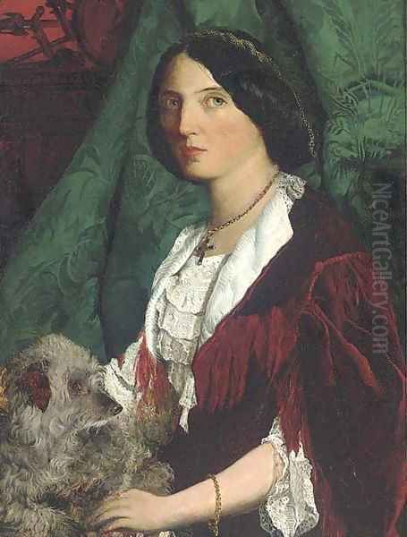 Portrait of a lady, half-length, in a red velvet dress with lace trim and white collar, holding a dog, a green curtain beyond Oil Painting by John Lawson