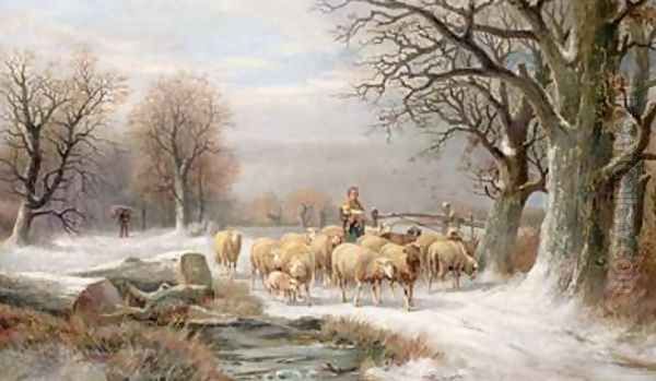 Shepherdess with her Flock in a Winter Landscape Oil Painting by Alexis de Leeuw