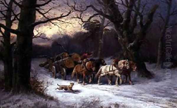 Horses Pulling a Log Cart in a Winter Landscape Oil Painting by Alexis de Leeuw