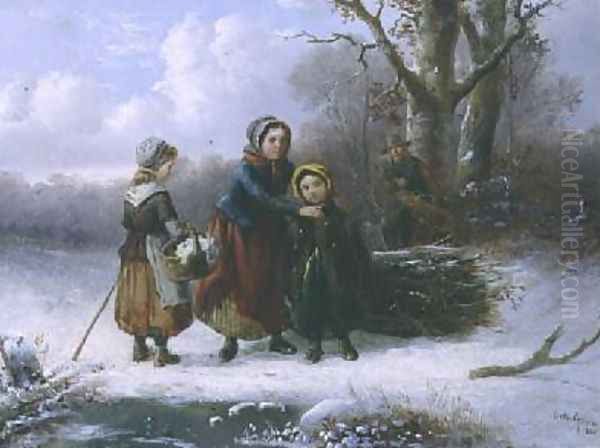 Three Girls in a Winter Landscape Oil Painting by Alexis de Leeuw