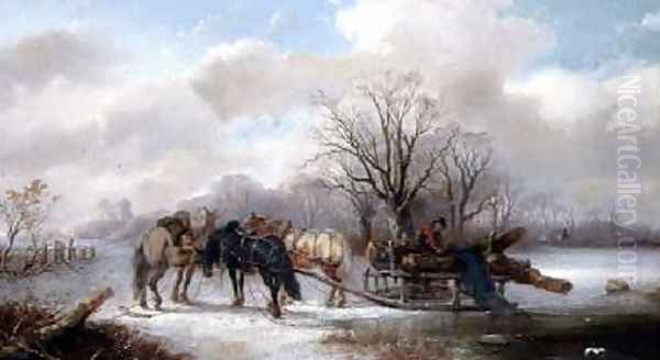 Gathering Logs in a Winter Landscape Oil Painting by Alexis de Leeuw