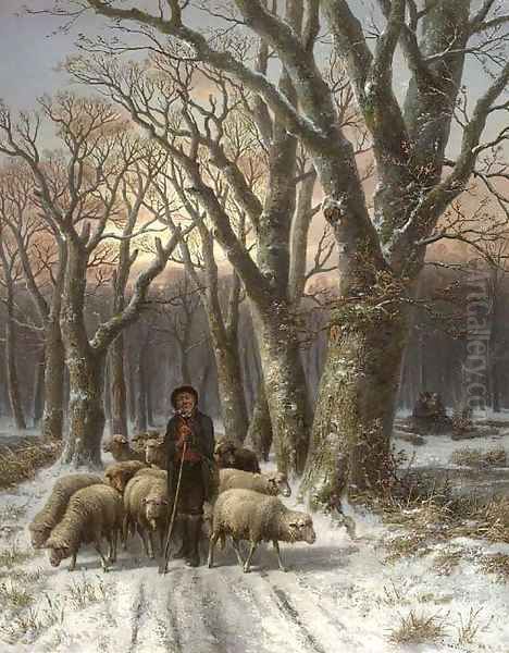 A frosty forest with a shepherd and his flock Oil Painting by Alexis de Leeuw