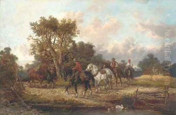 Horsemen by a stream Oil Painting by Alexis de Leeuw