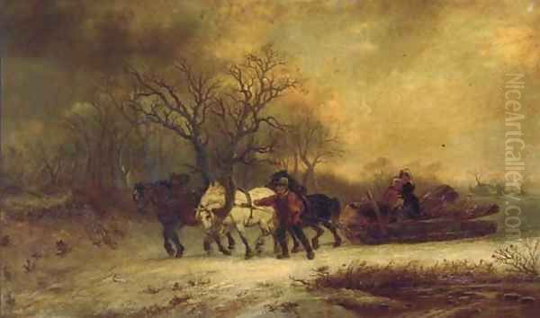 Loggers in a winter landscape Oil Painting by Alexis de Leeuw