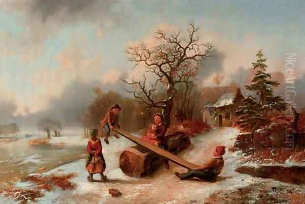 Playing in the snow Oil Painting by Alexis de Leeuw