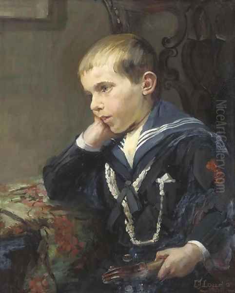 Portrait of a young boy, bust-length, in a sailor suit, holding a violin under his left arm Oil Painting by Jane Loudon