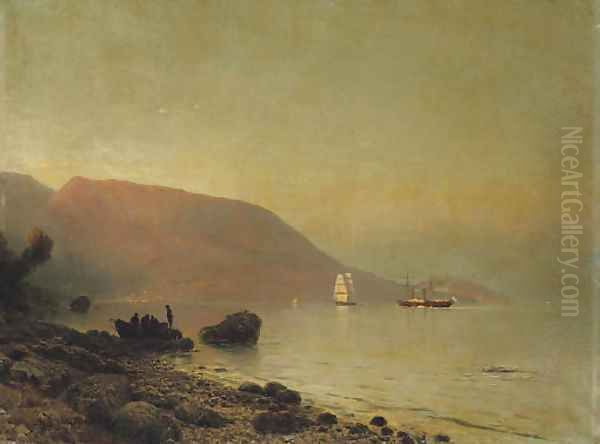 Fishermen on a rocky coastline Oil Painting by Lef Feliksovich Lagorio