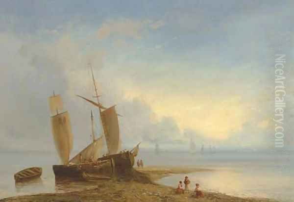 Ships moored at low Tide Oil Painting by Lef Feliksovich Lagorio