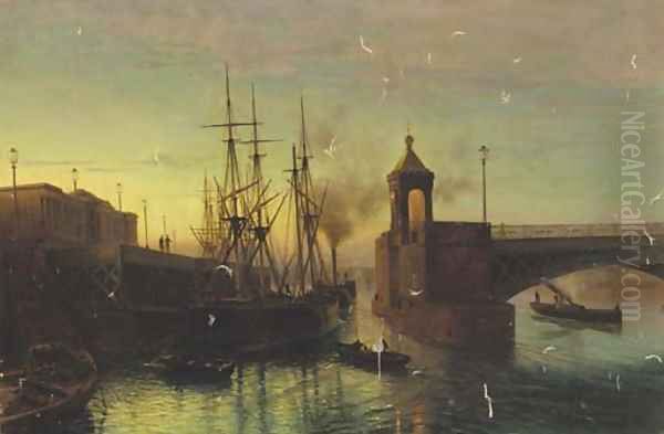 Twilight - View of the Swing Bridge on the Neva Oil Painting by Lef Feliksovich Lagorio