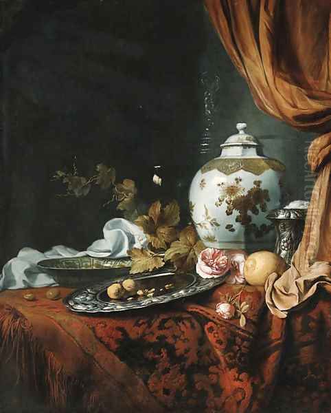 A blue and white facetted vase with other dishes, glasses, fruit and roses on a draped table Oil Painting by Simon Luttichuys