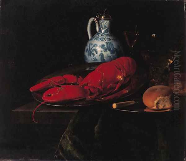 A lobster, a bun and a knife on a pewter plate, a roemer, a wine glass and a Delft jug with a Chinese blue and white silver mounted ewer Oil Painting by Simon Luttichuys