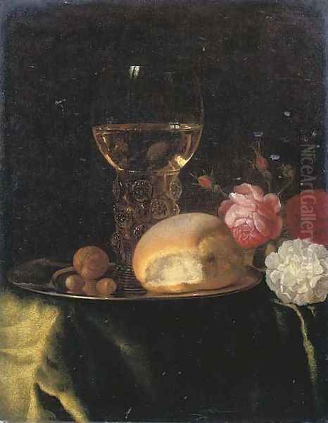 A roemer of white wine, a bread roll and nuts on a silver plate, together with roses on a green-draped table Oil Painting by Simon Luttichuys