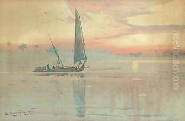 A felucca on the Nile at dusk Oil Painting by Augustus Osborne Lamplough