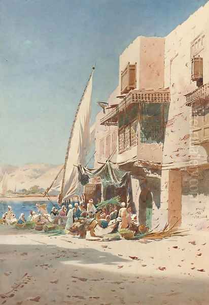 Arabs on a sunlit street before a mosque Oil Painting by Augustus Osborne Lamplough