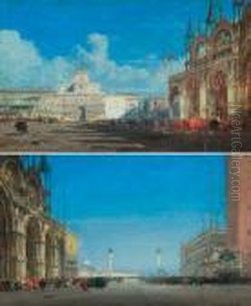 Two Views: View In Venice Looking Down St. Marks Square And A View Of St. Mark's Square. Oil Painting by Henri Duvieux