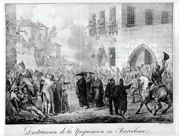 Destruction of the Inquisition in Barcelona Oil Painting by Hippolyte Lecomte