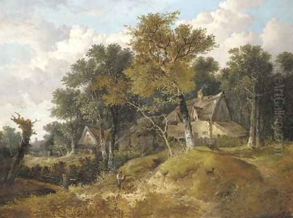 A wooded landscape with cottages and a figure resting by a stream Oil Painting by John Berney Ladbrooke