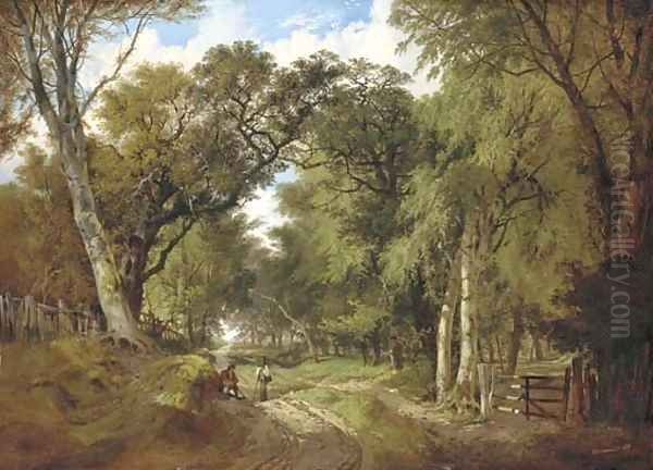 A wooded landscape with figures resting on a track Oil Painting by John Berney Ladbrooke