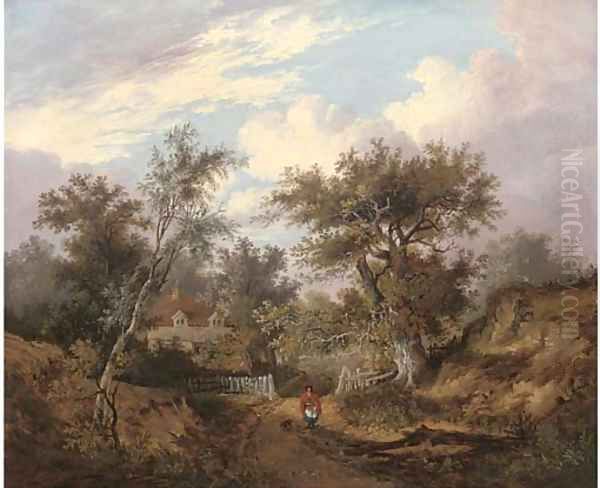 Figure by a cottage in a wooded landscape Oil Painting by John Berney Ladbrooke