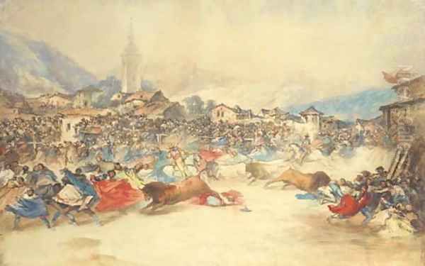 Running the bulls in the main square of a Spanish village Oil Painting by Eugenio Lucas y Padilla