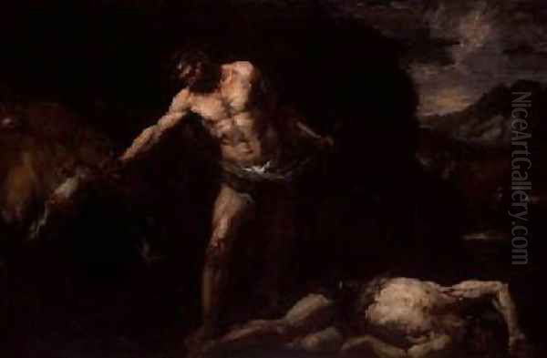 Hercules slays the giant Cacus and steals back the cattle of Geryon Oil Painting by Giambattista Langetti