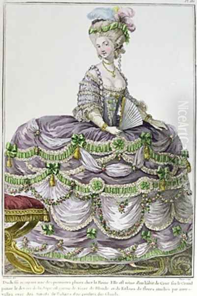 A Duchess at the court of Louis XVI wearing a dress with paniers Oil Painting by Le Clere