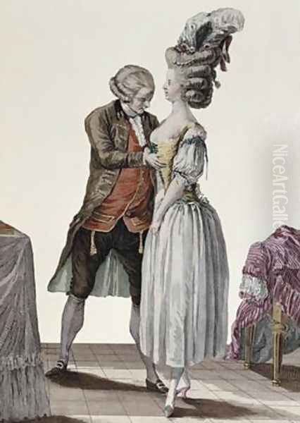 A tailor trying out a fashionable corset on a lady Oil Painting by Le Clere