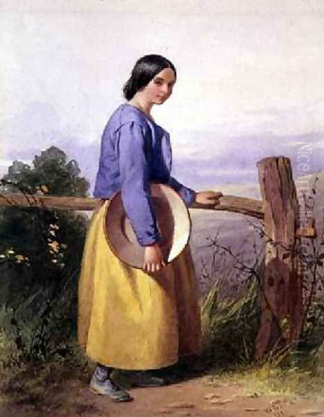 A country girl standing by a fence Oil Painting by William Lee