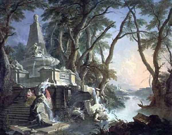 The Pyramid Fountain with a Broken Statue of Neptune Oil Painting by Jacques de Lajoue