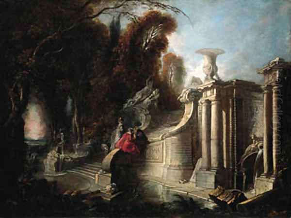 A park landscape with an elegant company conversing on a staircase Oil Painting by Jacques de Lajoue