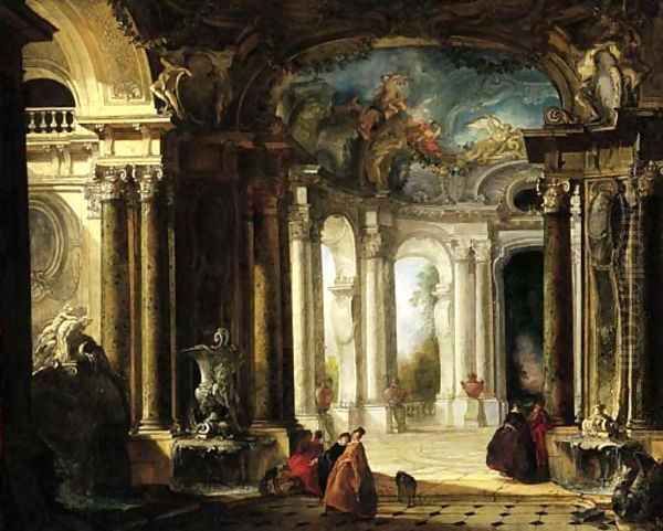 The interior of a baroque palace with elegant company conversing by fountains Oil Painting by Jacques de Lajoue